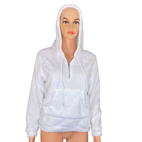 Zaful NWT White Sherpa Fleece Half Zip Pullover Sweatshirt Teddy Jacket SZ Small - Picture 1 of 6